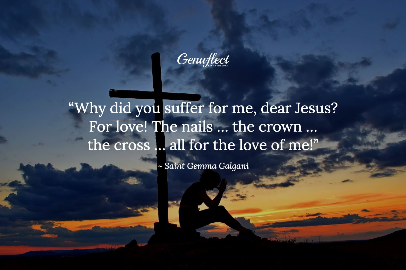 Silhouette of a woman sitting bent over in thought or prayer at the foot of a cross outside at sunset with a dramatic cloudy blue and orange sky