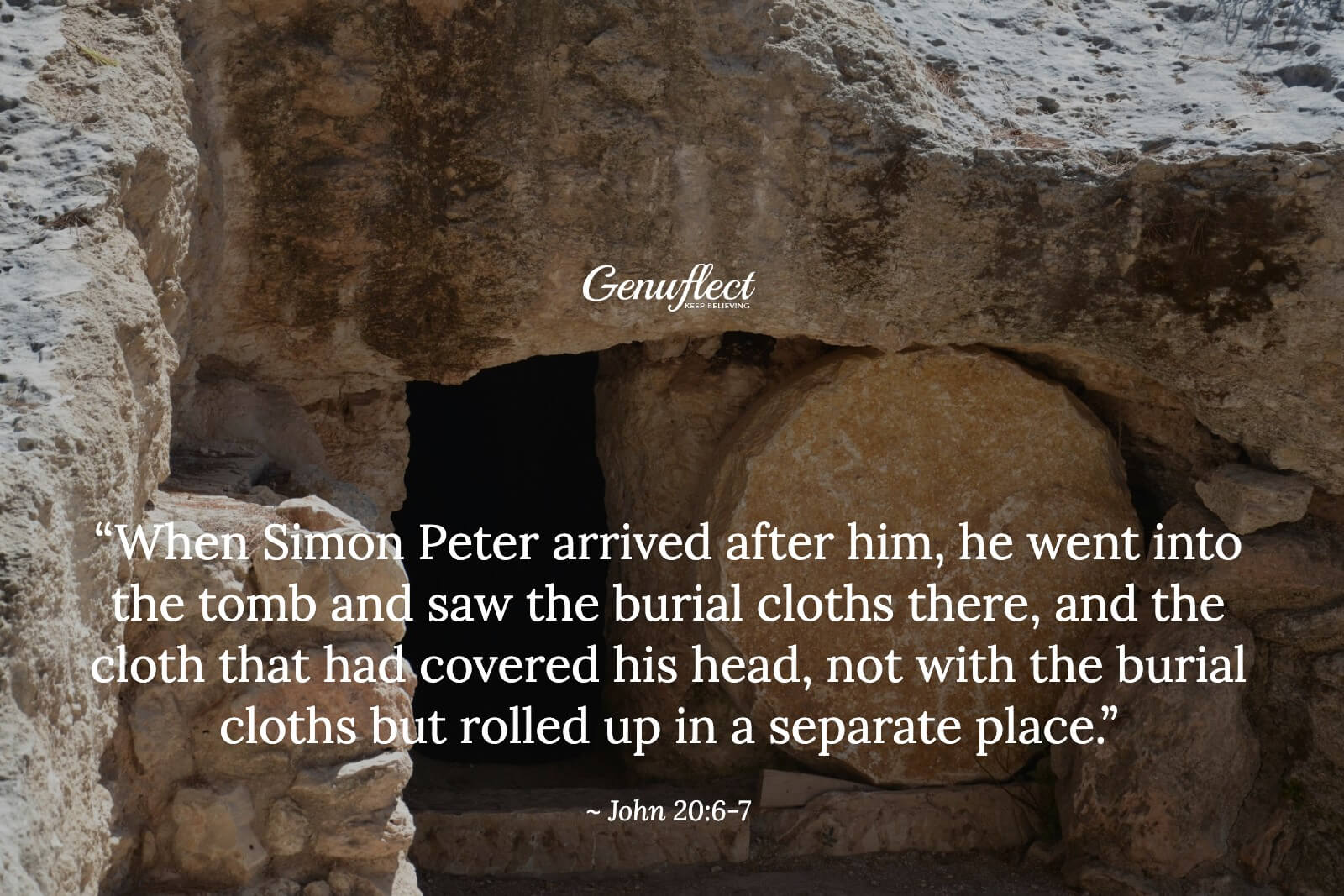 Image of the entrance of a tomb hewn in the side of a mountain with the stone rolled open and darkness inside