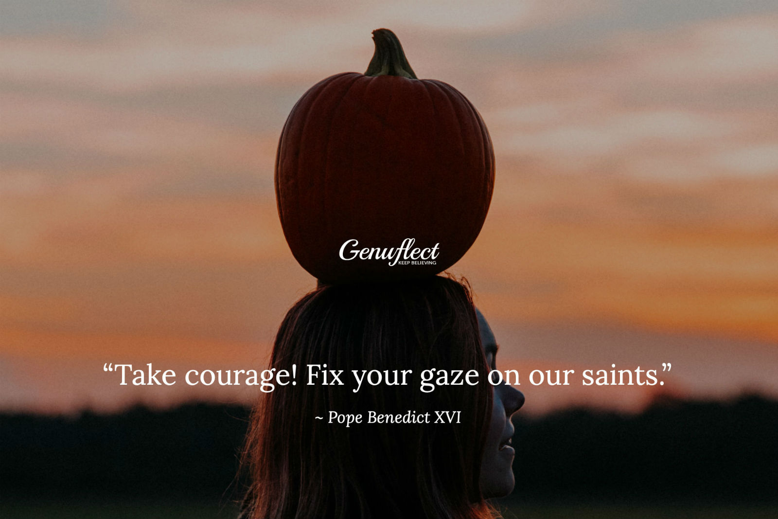 Genuflect - girl with pumpkin on her head