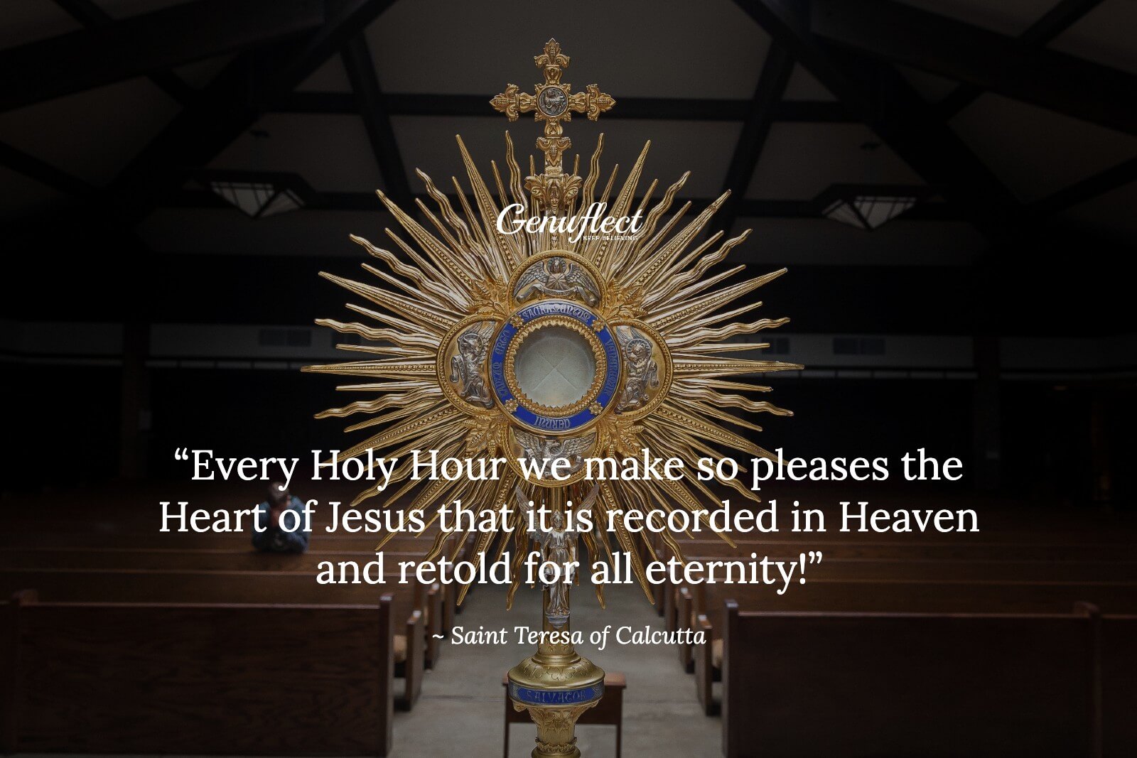 Close up image of a monstrance as a man prays alone in a dark church