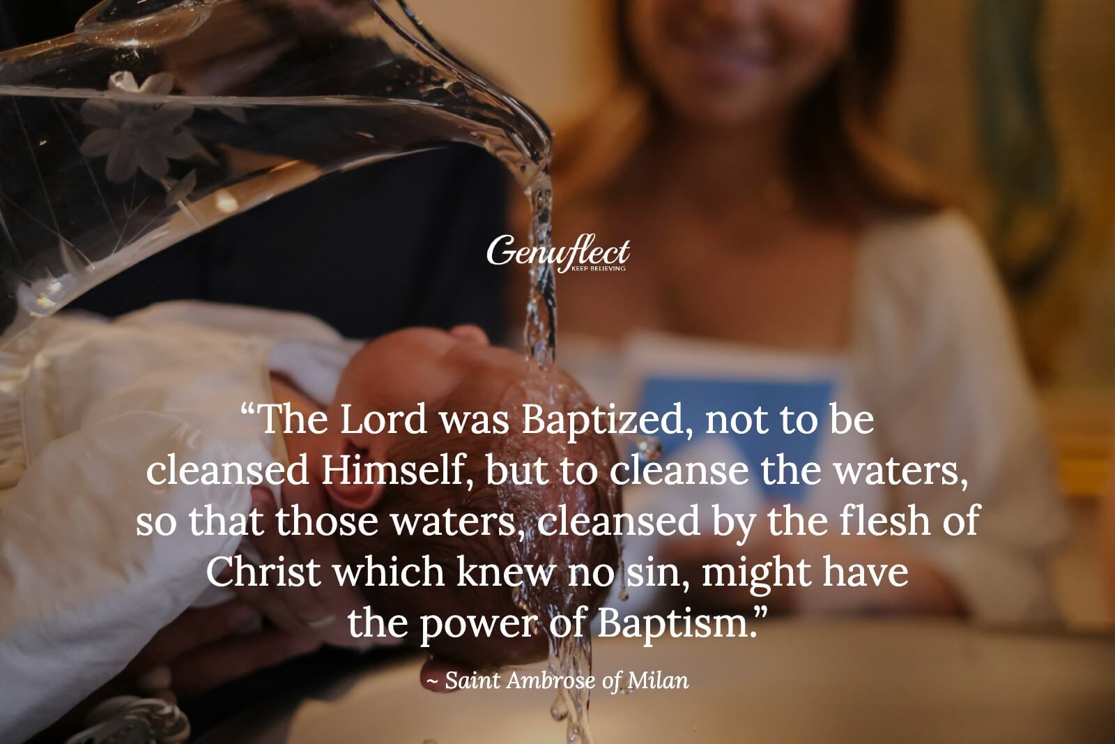 Holy water being poured on the head of a baby during his Baptism.