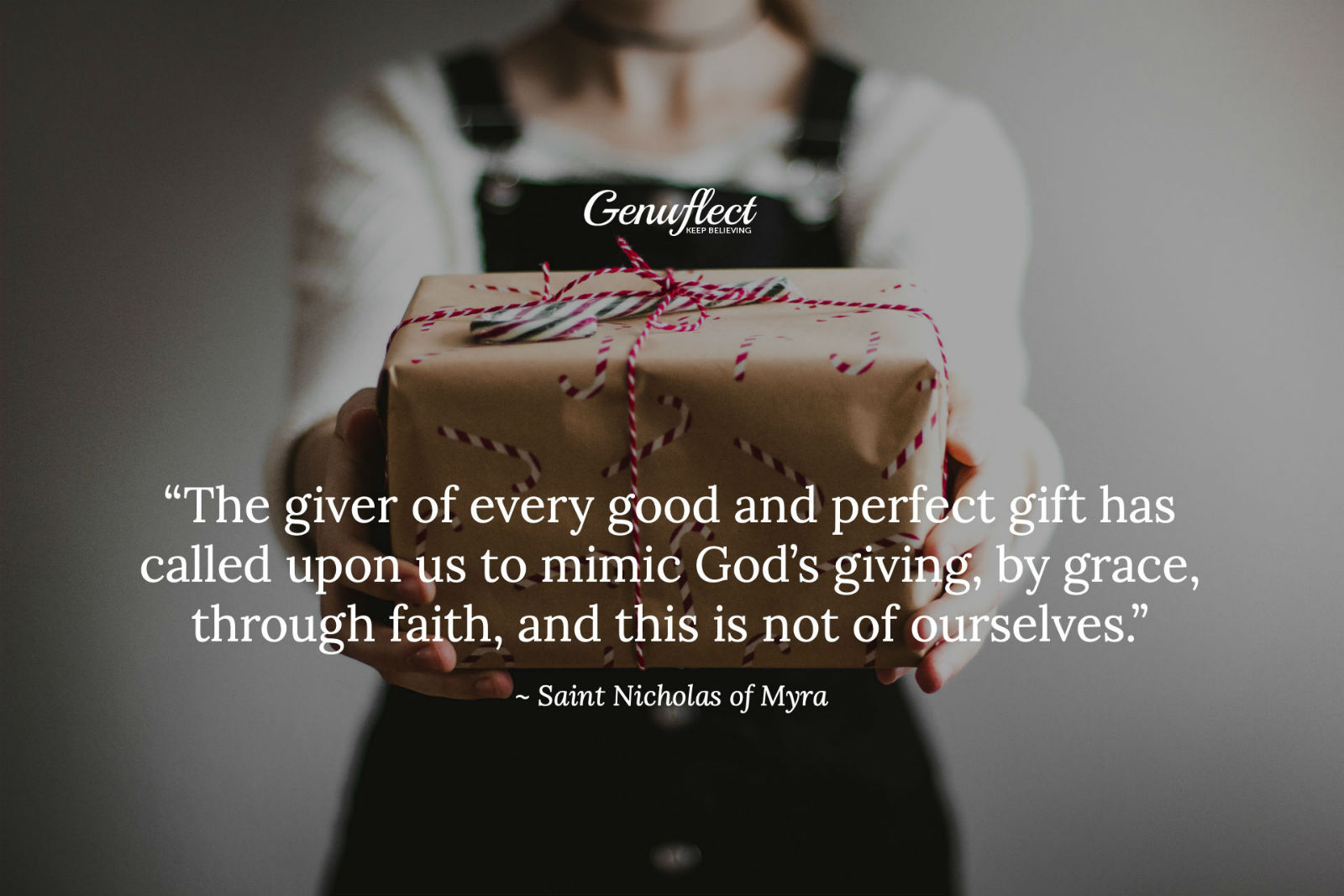 Genuflect - woman holding out a Christmas gift