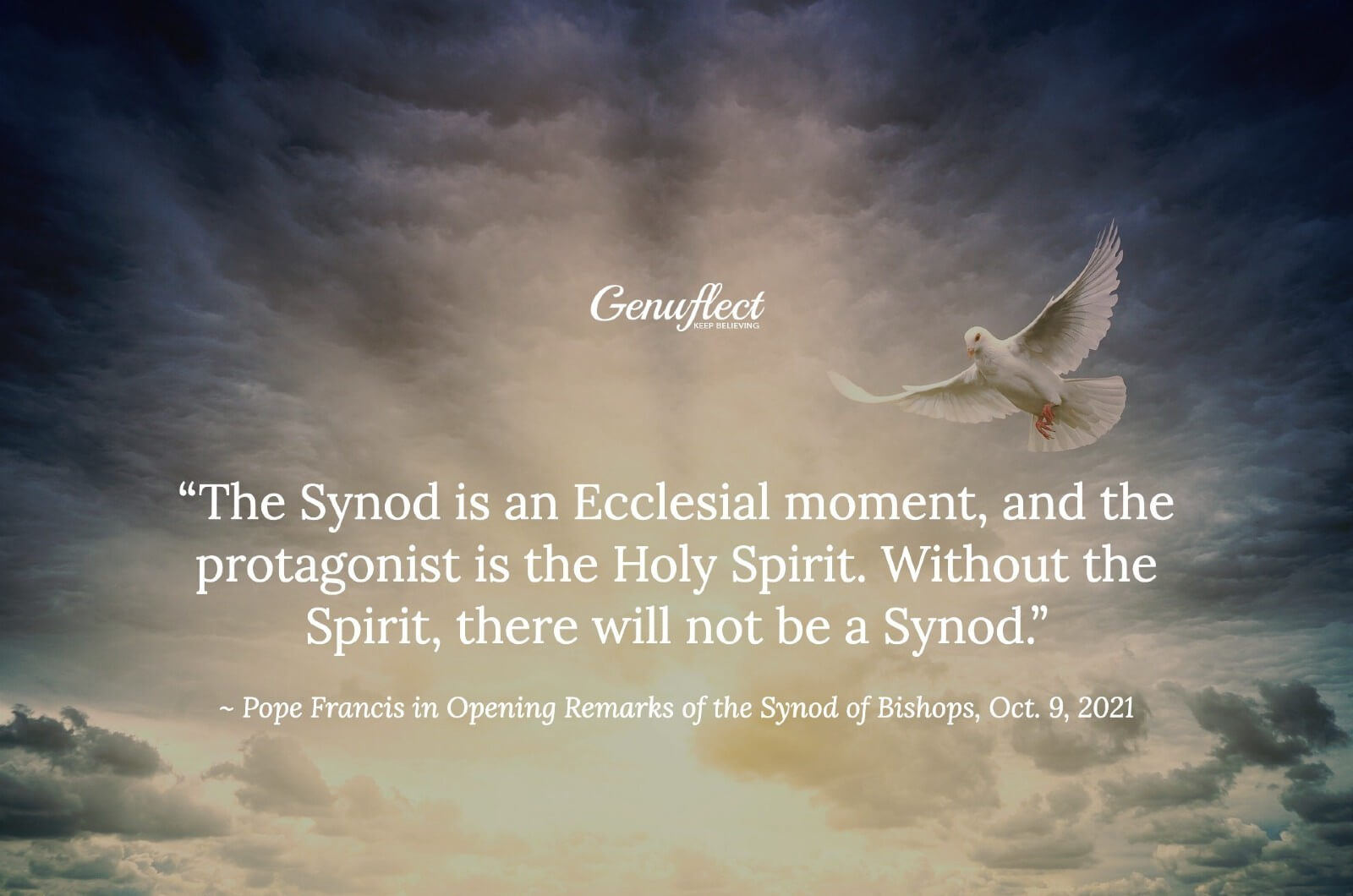 Dramatic rays of light from the sun coming from clouds and a white dove flying overhead