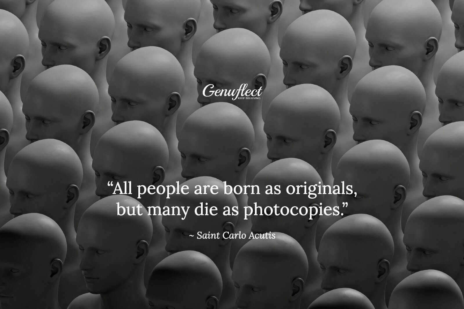 a crowd of young bald men who look identical are standing shoulder to shoulder all facing the same direction
