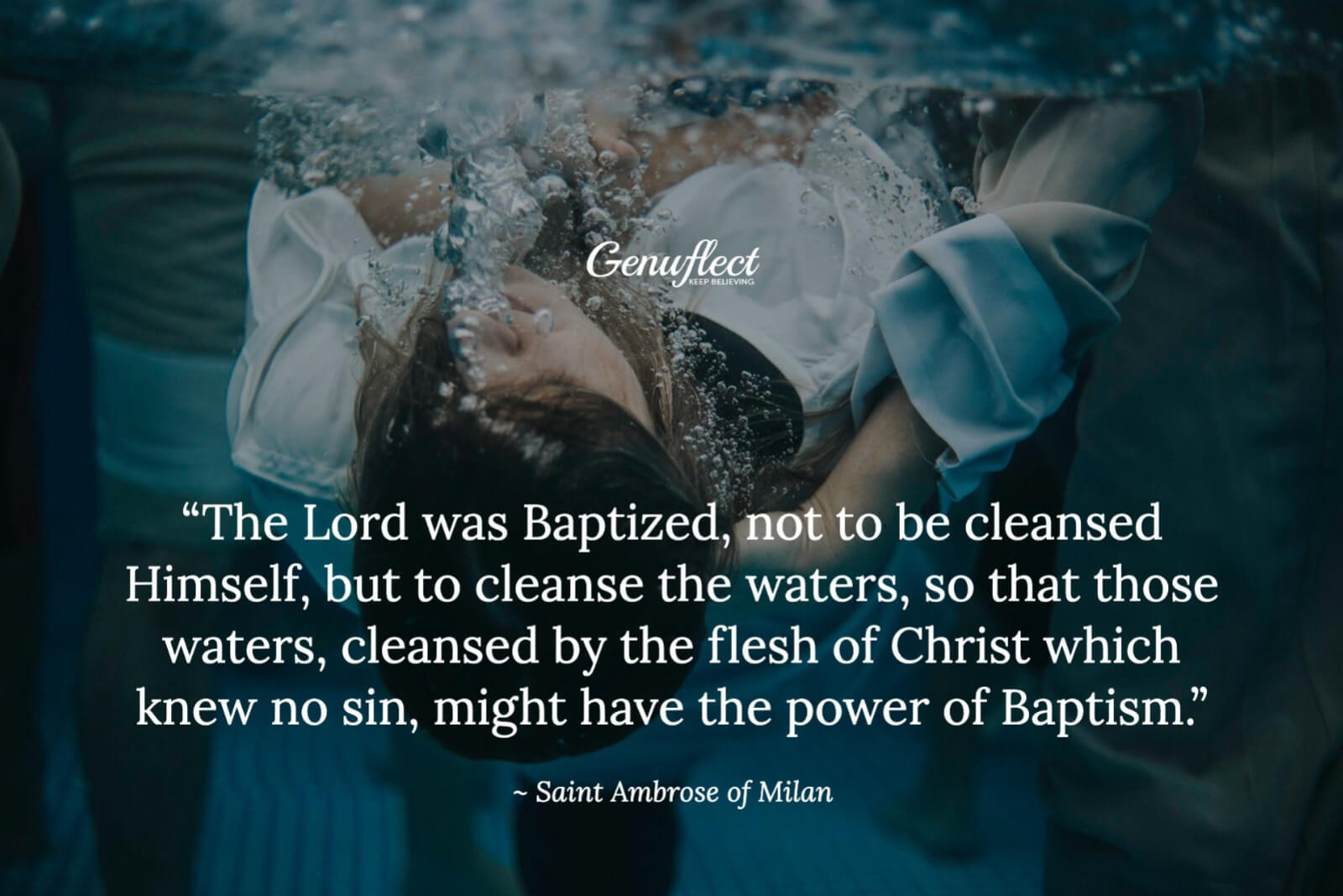 Close up underwater image of a person submerged in water being baptised